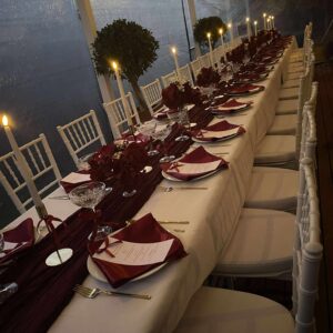 Long banquet table with chairs and event decorations for private function and party hire in Pakenham Melbourne